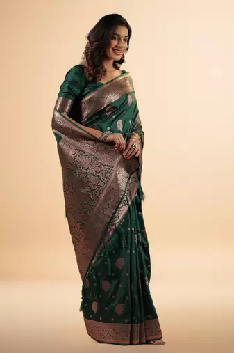 emerald green banarasi art silk saree with intricate zari weaving