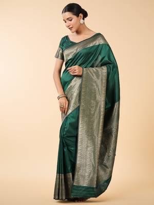 emerald green banarasi art silk saree with gold zari weaving 3