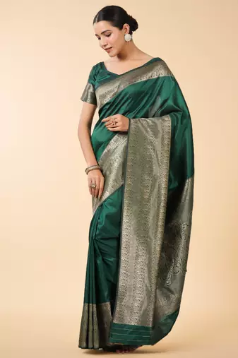 emerald green banarasi art silk saree with gold zari weaving