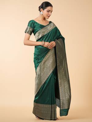 emerald green banarasi art silk saree with gold zari weaving 4