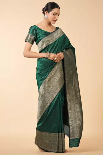 emerald green banarasi art silk saree with gold zari weaving