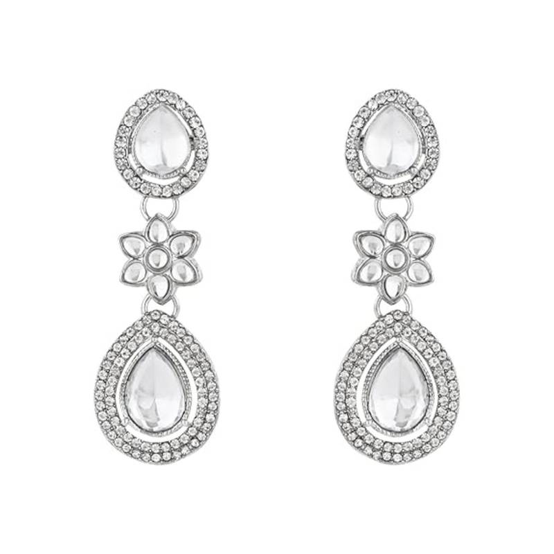 silver plated traditional stone & beads tear drop earrings for women 