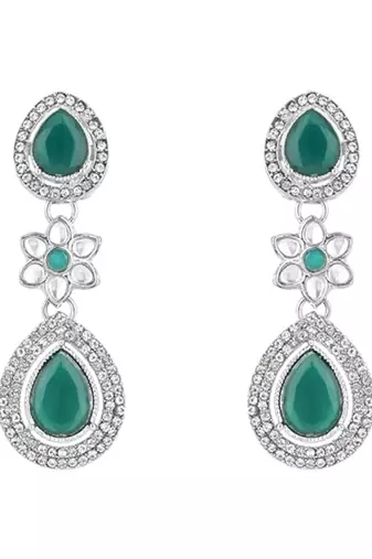 silver plated traditional stone & beads tear drop earrings for women 