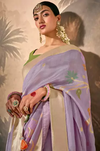 Lavender Silk Weaving Work With Tussles Designer Saree