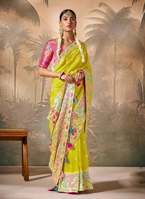 Lemon Silk Weaving Work With Tussles Designer Saree 1