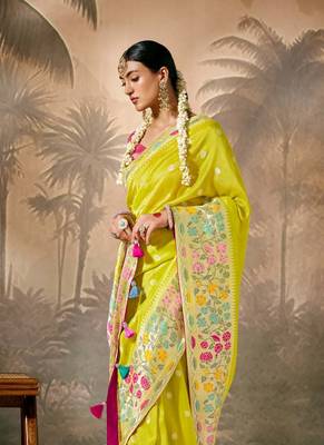 Lemon Silk Weaving Work With Tussles Designer Saree 2