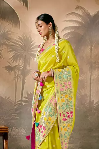 Lemon Silk Weaving Work With Tussles Designer Saree