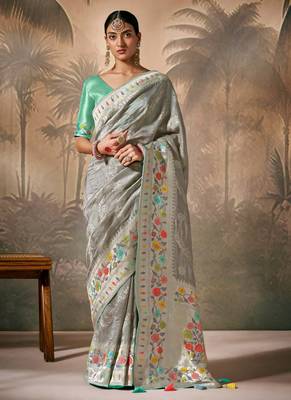 Grey Silk Weaving Work With Tussles Designer Saree 1