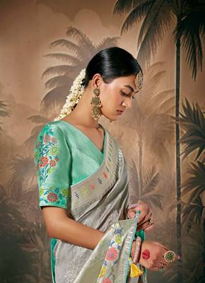 Grey Silk Weaving Work With Tussles Designer Saree 2