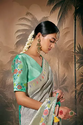 Grey Silk Weaving Work With Tussles Designer Saree