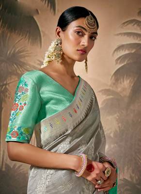Grey Silk Weaving Work With Tussles Designer Saree 3