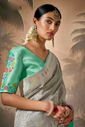 Grey Silk Weaving Work With Tussles Designer Saree