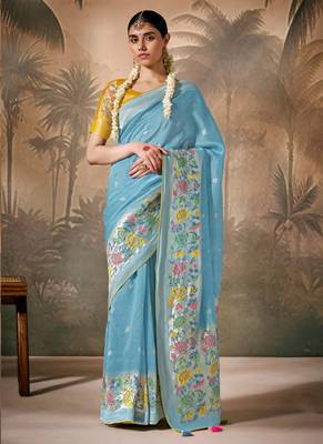 Sky blue Silk Weaving Work With Tussles Designer Saree 1