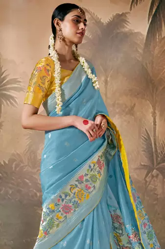 Sky blue Silk Weaving Work With Tussles Designer Saree