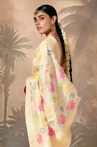 Off White Silk Weaving Work With Tussles Designer Saree
