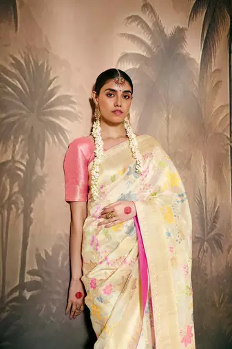 Off White Silk Weaving Work With Tussles Designer Saree