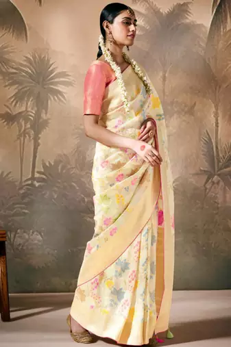 Off White Silk Weaving Work With Tussles Designer Saree