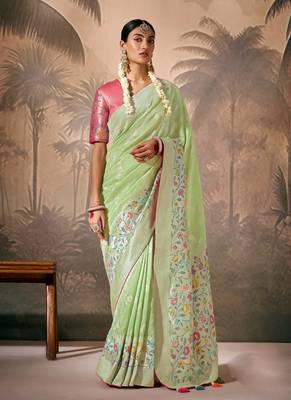 Light Green Silk Weaving Work With Tussles Designer Saree 1