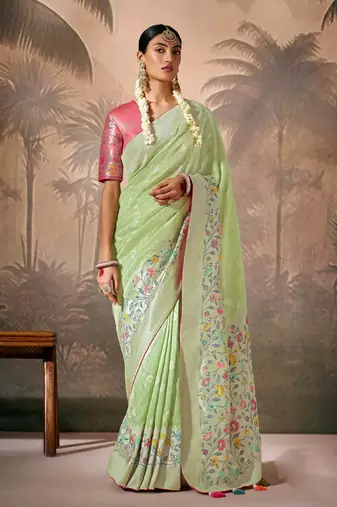 Light Green Silk Weaving Work With Tussles Designer Saree