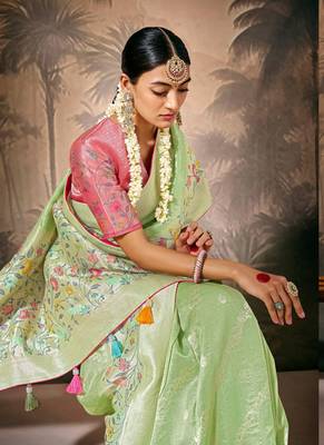 Light Green Silk Weaving Work With Tussles Designer Saree 2