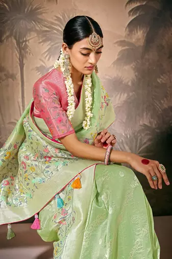 Light Green Silk Weaving Work With Tussles Designer Saree