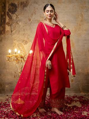 Women's silk blend embroidered straight kurta with palazzo & nazneen dupatta set 1