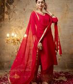 Women's silk blend embroidered straight kurta with palazzo & nazneen dupatta set