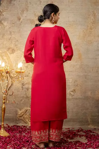 Women's silk blend embroidered straight kurta with palazzo & nazneen dupatta set