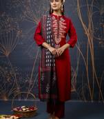 Women's cotton silk blend embroidered straight kurta pants set with chanderi print dupatta