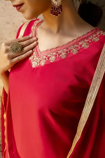 Women's silk blend embroidered straight kurta with palazzo & nazneen dupatta set