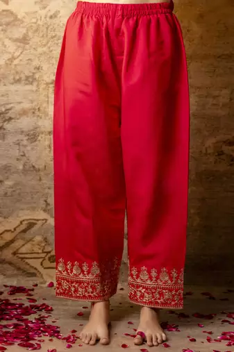 Women's silk blend embroidered straight kurta with palazzo & nazneen dupatta set