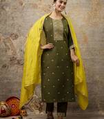 Women's embroidery silk blend straight kurta with pant & chanderi dupatta set