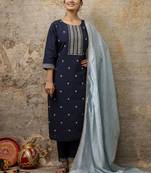 Women's embroidery silk blend straight kurta with pant & chanderi dupatta set
