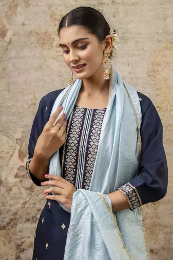 Women's embroidery silk blend straight kurta with pant & chanderi dupatta set