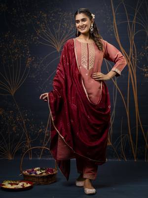 Women's embroidery silk blend straight kurta with pant & chanderi dupatta set 1