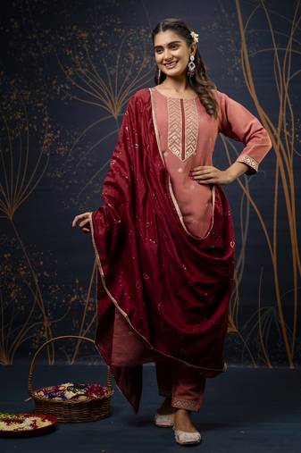 Women's embroidery silk blend straight kurta with pant & chanderi dupatta set