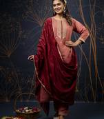 Women's embroidery silk blend straight kurta with pant & chanderi dupatta set