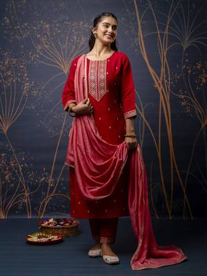 Women's embroidery silk blend straight kurta with pant & chanderi dupatta set 1