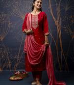 Women's embroidery silk blend straight kurta with pant & chanderi dupatta set