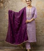 Women's embroidery silk blend straight kurta with pant & chanderi dupatta set
