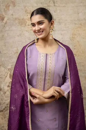 Women's embroidery silk blend straight kurta with pant & chanderi dupatta set
