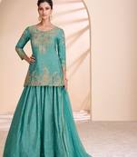 Blue Embroidery Sequins Chinon Straight Lehenga- Free Size Stitched(Size upto 42")