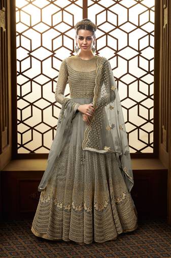 Grey zari embroidery, sequins net abhaya chudidar - ( size upto 42")
