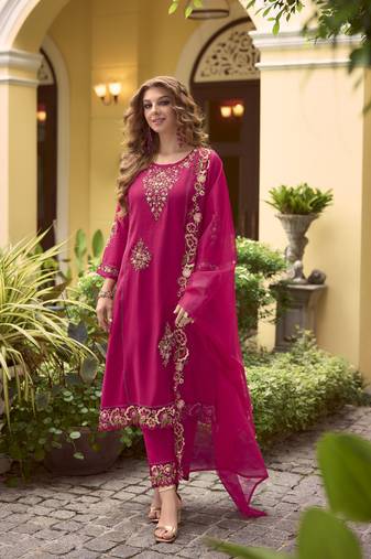 Pink handwork embroidery viscose straight pant - free size stitched( size upto 42")