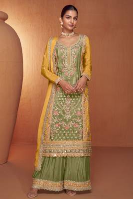 Mustard mirror embroidery, sequins chinon straight palazzo - free size stitched( size upto 42") 1