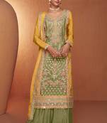 Mustard mirror embroidery, sequins chinon straight palazzo - free size stitched( size upto 42")