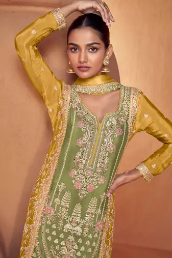 Mustard mirror embroidery, sequins chinon straight palazzo - free size stitched( size upto 42")