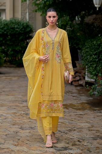 Mustard handwork embroidery cotton straight pant - free size stitched( size upto 42")