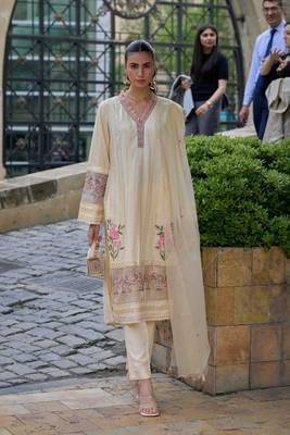 Beige handwork embroidery cotton straight pant - free size stitched( size upto 42") 1