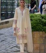 Beige handwork embroidery cotton straight pant - free size stitched( size upto 42")